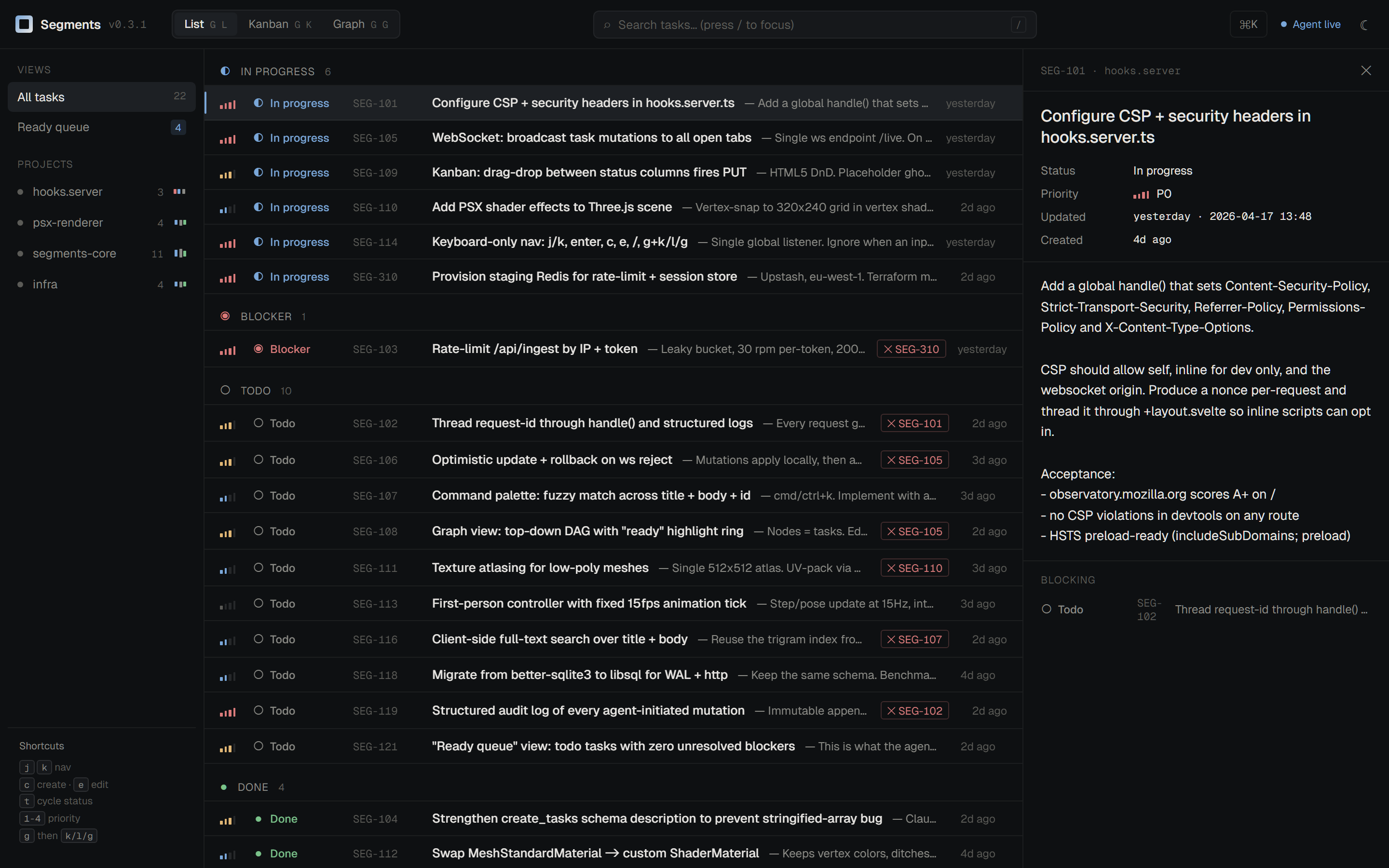 Segments task list interface